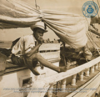 Scenes of Oranjestad harbor; showing sailors and schooners which transport fruit and fish from Venezuela and Dominican Republic (#8871, Lago , Aruba, April-May 1944), Morris, Nelson