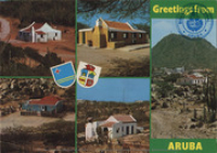Greetings from Aruba. Typical Aruban 'cunucu' houses dot the country side (Postcard, ca. 1976)