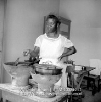 In de passangrahan van Sint Maarten wordt op deze, met houtskool gestookte, stenen potten wordt gekookt.; Kokkin aan het werk in de keuken van de Pasanggrahan; Woman cooking in the Passangrahan (Collectie Wereldmuseum, TM-10021252)