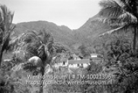 Gezicht op The Bottom, Saba, van het balkon van het Guesthouse af; Zicht op de in een vallei gelegen stad omringd door bergen (Collectie Wereldmuseum, TM-10021396)