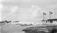 Bonaire. Witte Pan. Oude zouthopen en windmolens voor het zoutmalen; Zouthopen en zoutmolens bij Witte Pan (Collectie Wereldmuseum, TM-10021516)