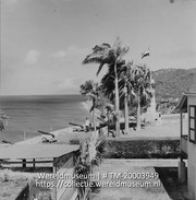 Fort Oranje, met vuurtoren achter de palmbomen en kanonnen gericht op zee; Fort Oranje (Collectie Wereldmuseum, TM-20003949), Lawson, Boy