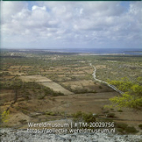 Uitzicht over landschap met erfafscheidingen, met op de achtergrond Kralendijk; Landsch.op Bonaire, achtergrond Kralendijk. (Collectie Wereldmuseum, TM-20029756), Lawson, Boy