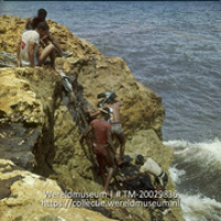 Snorkelen bij de kust van Hato; Skindiving bij Hatokust, duikers klimmen langs vrij steilen rotswand naar boven. (Collectie Wereldmuseum, TM-20029836), Lawson, Boy