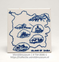 Geglazuurd aardewerken tegel met een schematische afbeelding van het eiland Saba; Het eiland Saba (Collectie Wereldmuseum, TM-3096-1)