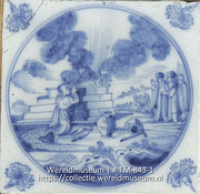 Oud Delftsblauw tegeltje met Bijbels tafereel; Het brandoffer van de profeet Elias (Collectie Wereldmuseum, TM-843-1)