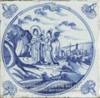 Jezus en de verleiding van Satan; Oud Delftsblauw tegeltje met Bijbels tafereel (Collectie Wereldmuseum, TM-843-11)