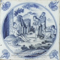 De gelijkenis van de verloren zoon; Oud Delftsblauw tegeltje met Bijbels tafereel (Collectie Wereldmuseum, TM-843-14)