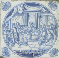 Het Heilig Avondmaal; Oud Delftsblauw tegeltje met Bijbels tafereel (Collectie Wereldmuseum, TM-843-15)
