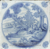 Oud Delftsblauw tegeltje met Bijbels tafereel; Jakobs droom (Collectie Wereldmuseum, TM-843-2)