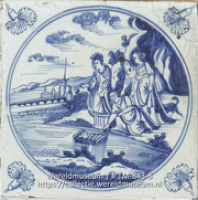 Oud Delftsblauw tegeltje met Bijbels tafereel; Mozes in het biezen mandje (Collectie Wereldmuseum, TM-843-3)
