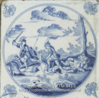Oud Delftsblauw tegeltje met Bijbels tafereel; Samson de Filistijnen verslaande met een ezelskinnebak (Collectie Wereldmuseum, TM-843-5)