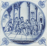 De herders aanbidden het Kindeke Jezus; Oud Delftsblauw tegeltje met Bijbels tafereel (Collectie Wereldmuseum, TM-843-7)