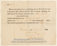 Bewijs van vrijheid voor een slaaf; Manumissie; Bewijs van vrijheid, manumissie, voor de tot slaaf gemaakte Alexander (Collectie Wereldmuseum, TM-873-1)