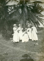 Groep fraters met kokosnoten bij palm, Fraters van Tilburg