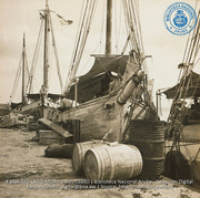 Scenes of Oranjestad harbor; showing sailors and schooners which transport fruit and fish from Venezuela and Dominican Republic (#8880, Lago , Aruba, April-May 1944), Morris, Nelson