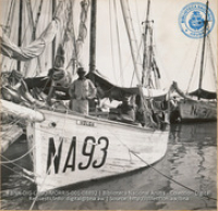 Scenes of Oranjestad harbor; showing sailors and schooners which transport fruit and fish from Venezuela and Dominican Republic (#8892, Lago , Aruba, April-May 1944), Morris, Nelson