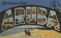 Greetings from Aruba, Neth. Antilles (Postcard, ca. 1962); A=Lago Refinery; R=Dakota Airport; U=Aerial View, Oranjestad; B=El No. 1 Store; A=Water Tower; Upper left: Roman Catholic Church