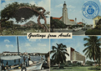 Greetings from Aruba (Postcard, ca. 1970) Divi divi tree, Oranjestad, View on harbour, Aruba Caribbean Hotel