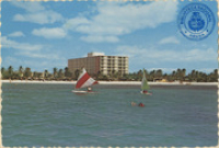 Saling and watersports at beautiful beach of Aruba Holiday Inn hotel (Postcard, ca. 1971)