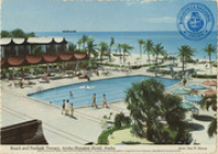 Beach and Poolside terrace, Aruba Sheraton Hotel, Aruba (Postcard, ca. 1971) The magnificent beach and poolside terrace, Aruba Sheraton Hotel. One of the great hotels of Aruba's Palm Beach is the Aruba Sheraton, with its spacious grounds, powdersoft white sand beach, olympic size swimming pool, elegant interiors including an attractive casino.
