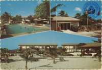 Manchebo Beach Hotel, with its pool along the sugar white beach of Aruba, also houses the first class 'French Steakhouse' (Postcard, ca. 1971)