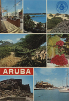 Aruba (Postcard, ca. 1972) Nassaustraat - Roger's Beach - Dune landscape - View of Hooiberg with Divi-divi tree and Cacti - Flowers - Bushiribana Gold Mill - Bali Restaurant at the Oranjestad Harbour