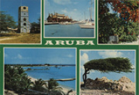 Aruba (Postcard, ca. 1972) Willem III tower - Bali Restaurant - Flamboyant tree - Rodger's Beach - Divi-divi tree