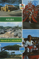 Aruba. Island di carnaval (Postcard, ca. 1977) Greetings from Aruba, island of Carnival. Holiday Paradise in the Caribbean