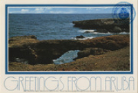 Greetings from Aruba: North Coast (Postcard, ca. 1980-1986) A quiet interval at Aruba's wild and rugged north coast, mini natural bridge