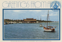 Greetings from Aruba: Oranjestad Harbour View (Postcard, ca. 1980-1986) Harbour view with famous extended Bali floating restaurant, Oranjestad, Aruba