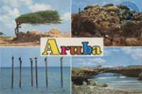 Aruba. Views of Aruba (Postcard, ca. 1980-1986) 1. Divi Divi tree, 2. Giant Diorite boulder, 3. Perching pelicans, 4. Natural Bridge