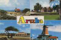 Aruba. Views of Aruba (Postcard, ca. 1980-1986) 1. Historic Alto Vista chapel, 2. Cultural Centre, 3. Divi Divi tree, 4. The Old Dutch Mill