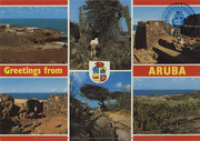 Greetings from Aruba. Views of Aruba (Postcard, ca. 1980-1986) Point of interests on Aruba's North coast, Natural Bridge, Andicuri, Palm Tree Plantation, Gold Mills Ruins
