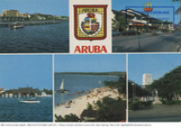 Aruba. Views of Aruba (Postcard, ca. 1980-1986) Oranjestad Harbour - Boulevard Shopping Center - Bali Restaurant - Palm Beach - Fort Zoutman, Willem III Tower
