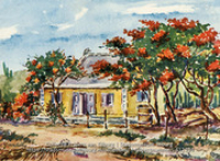 Schilderij van huis met bomen die in bloei staan
