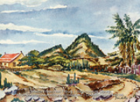 Schilderij van omheind huis met bergen, bomen, cactussen en bewerkt stukje grond